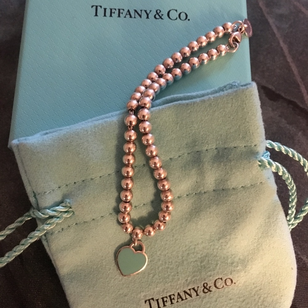 Tiffany silver bead bracelet with teal heart